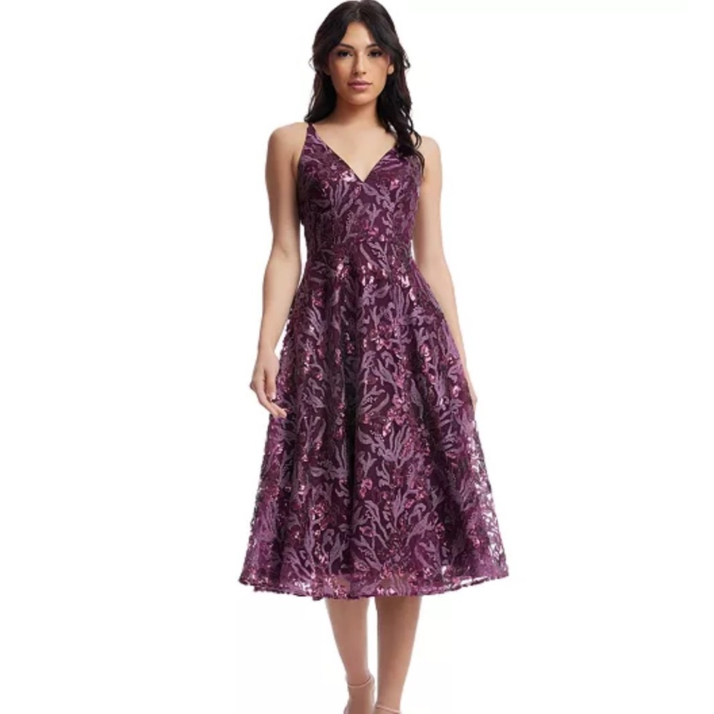 Dress the Population Deep Plum V-Neck Embroidered Midi Dress